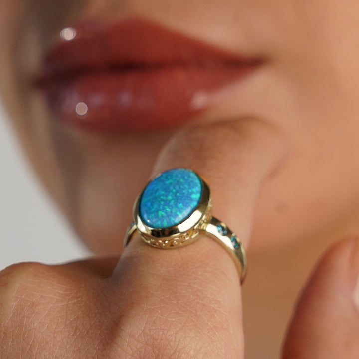 24K Gold Plated Ring with Blue Mare Synthetic Opal Stones 