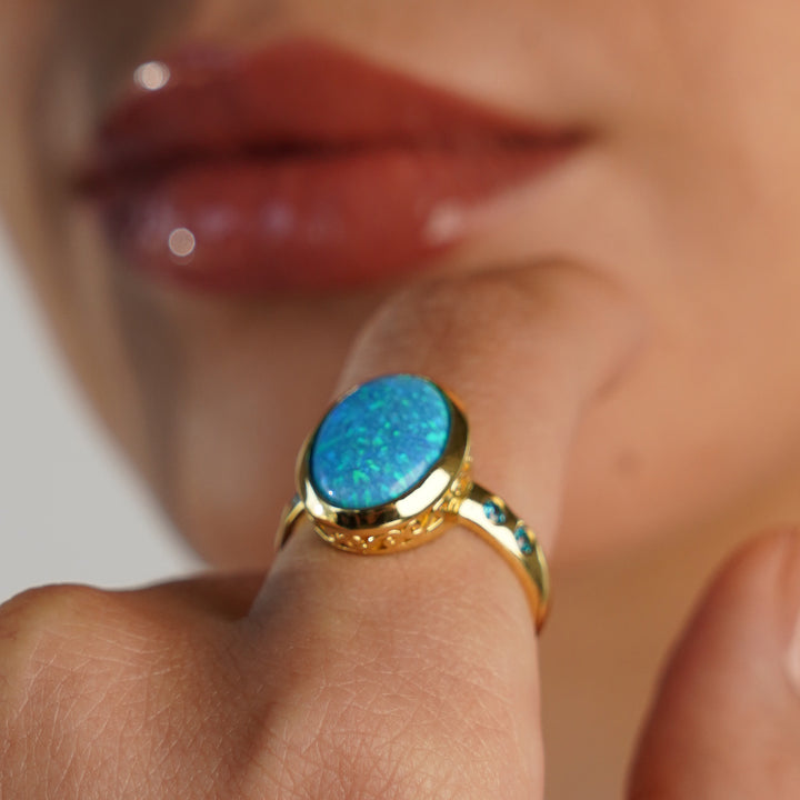 24K Gold Plated Ring with Blue Synthetic Opal - Mare - 5