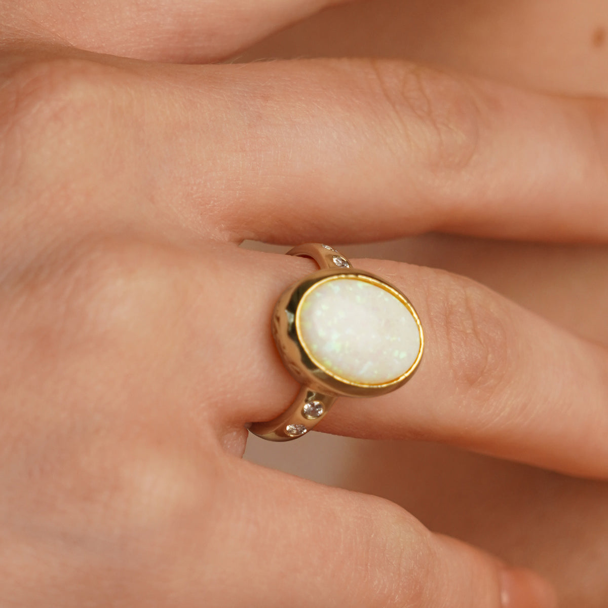 18K Gold Plated Ring with White Synthetic Opal - Mare - 5