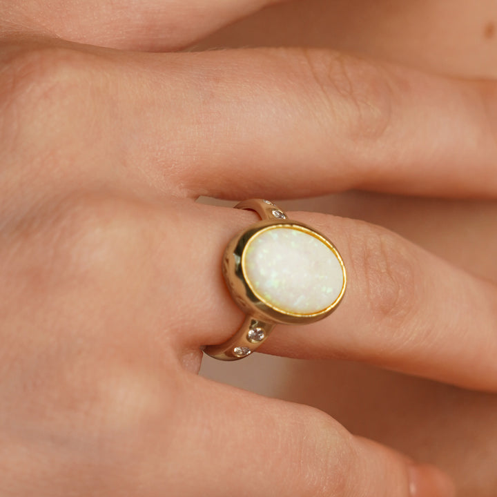 18K Gold Plated Ring with White Synthetic Opal - Mare - 5