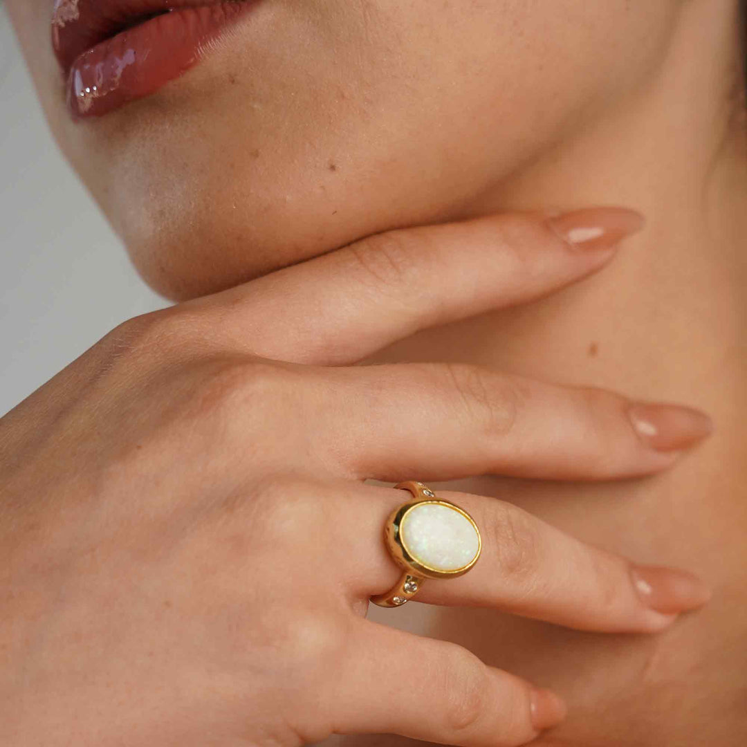 18K Gold Plated Ring with White Synthetic Opal - Mare - 6