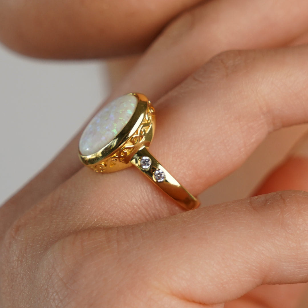 24K Gold Plated Ring with White Synthetic Opal - Mare - 6