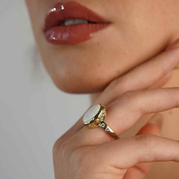 18K Gold Plated Ring with White Synthetic Opal - Mare - 4