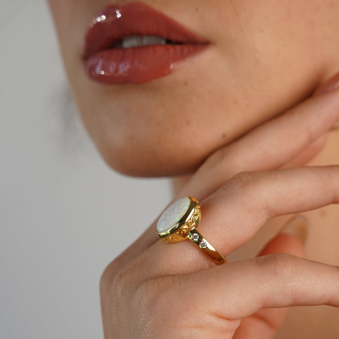 24K Gold Plated Ring with White Synthetic Opal - Mare - 2