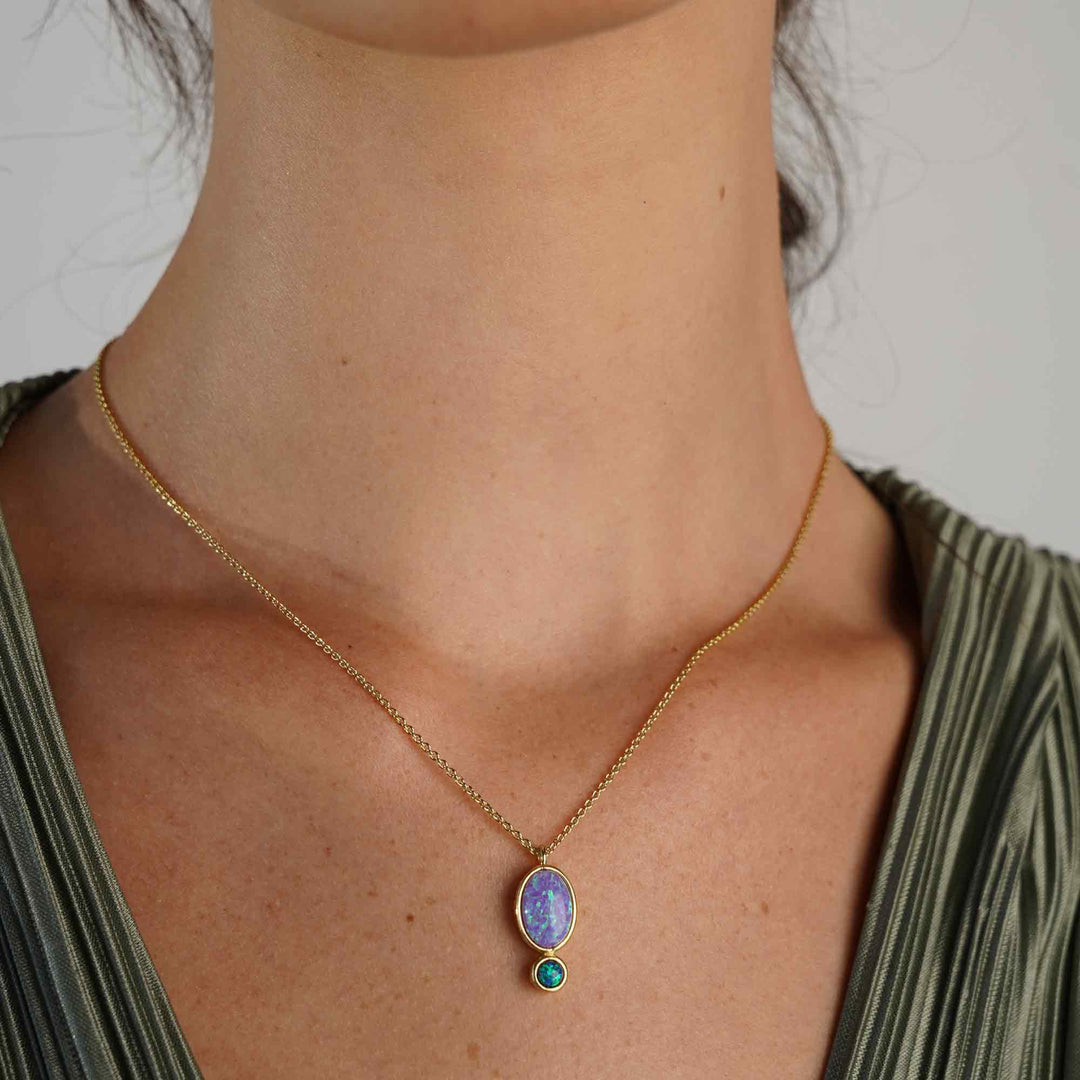 18K\24K gold plated necklace with a blue Mare drop synthetic opal pendant 