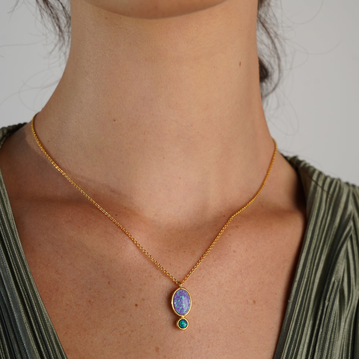 18K/24K Gold Plated Necklace with Blue Drop Synthetic Opal Pendant - Mare - 9