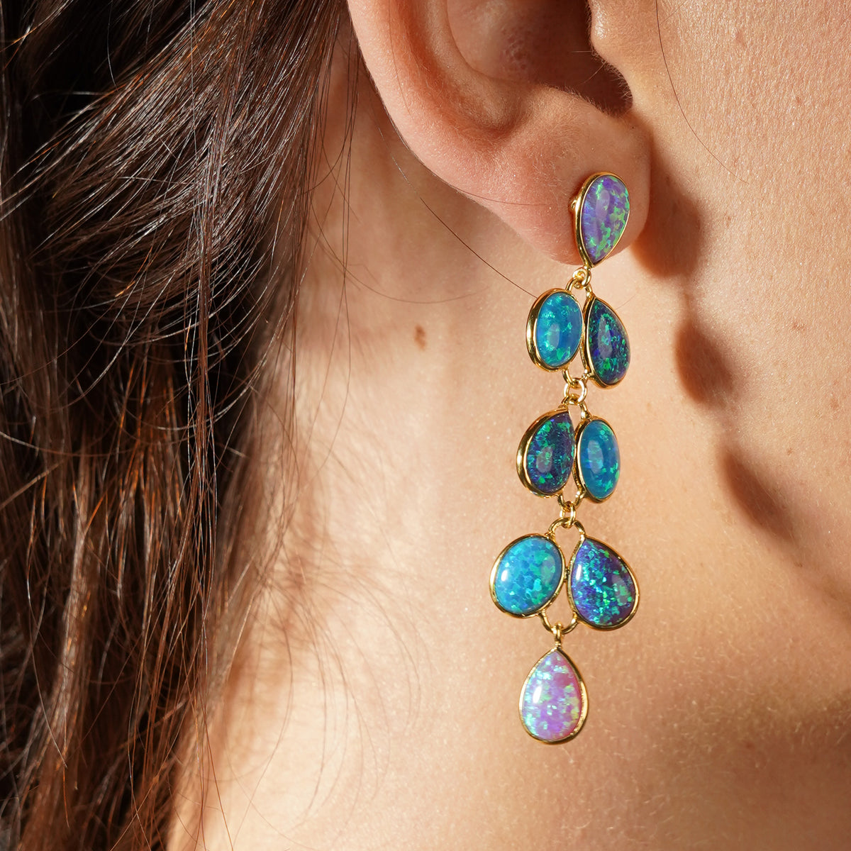 18K/24K Gold Plated Long Stud Earring with Turquoise Synthetic Opal - Mare - 4