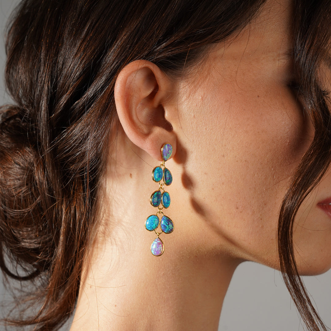 18K/24K Gold Plated Long Stud Earring with Turquoise Synthetic Opal - Mare - 2