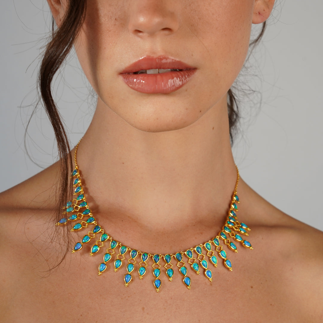 18K/24K Gold Plated Necklace with Sky Blue Drop Synthetic Opal - Mare - 9