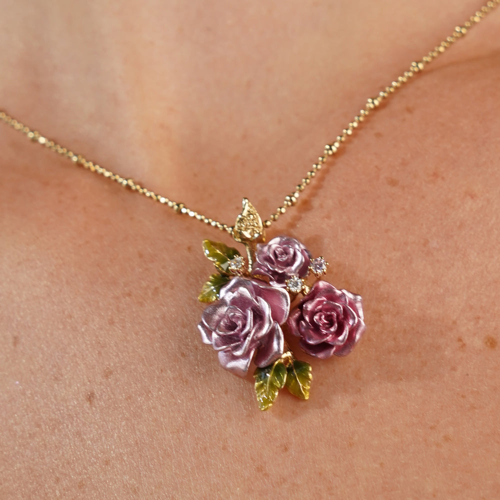 Necklace with 3-Flower Pink Enamel Pendant - Monarchy - 2