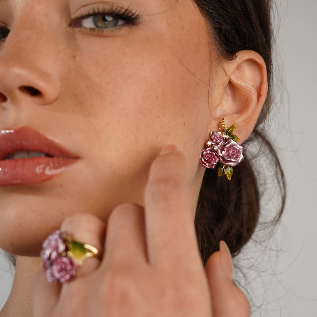 Necklace with 3 pink flowers pendant with enamel finish Monarchy 
