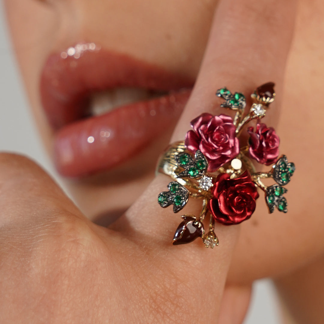 Floral Ring with Nano Ruby &amp; Enamel Finish - Monarchy - 2
