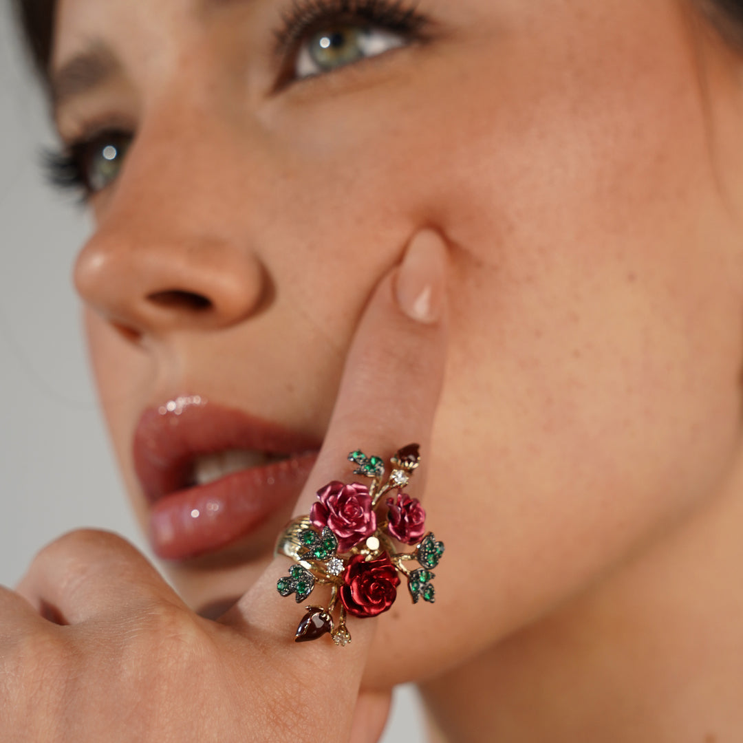 Flower ring with nano-set ruby ​​sital inlay and enamel finish Monarchy 