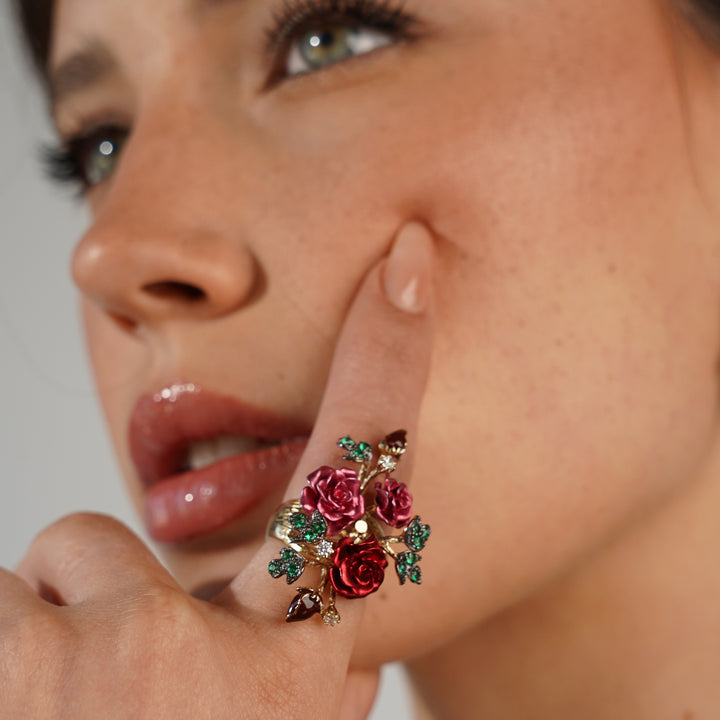 Flower ring with nano-set ruby ​​sital inlay and enamel finish Monarchy 