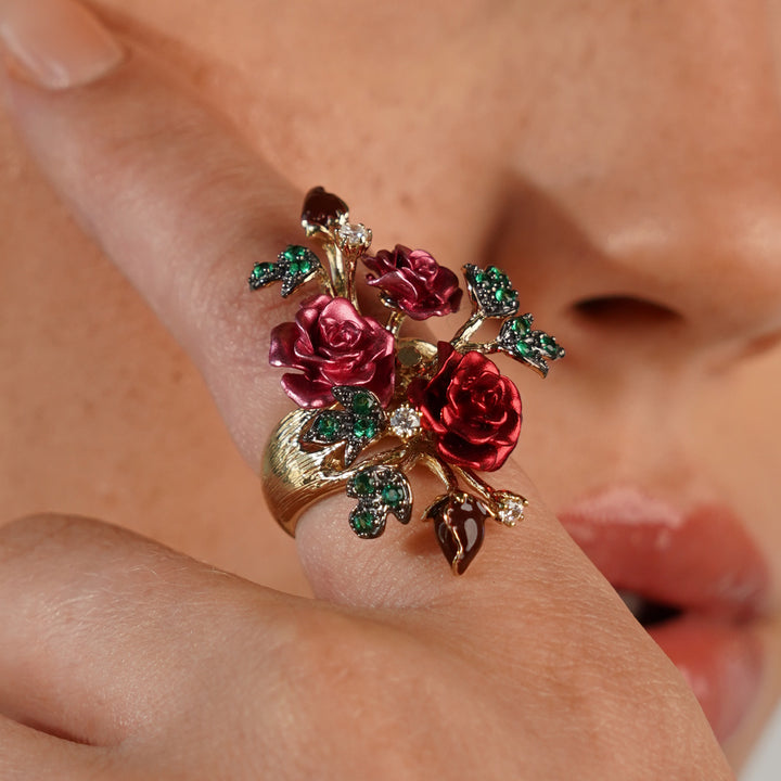 Flower ring with nano-set ruby ​​sital inlay and enamel finish Monarchy 