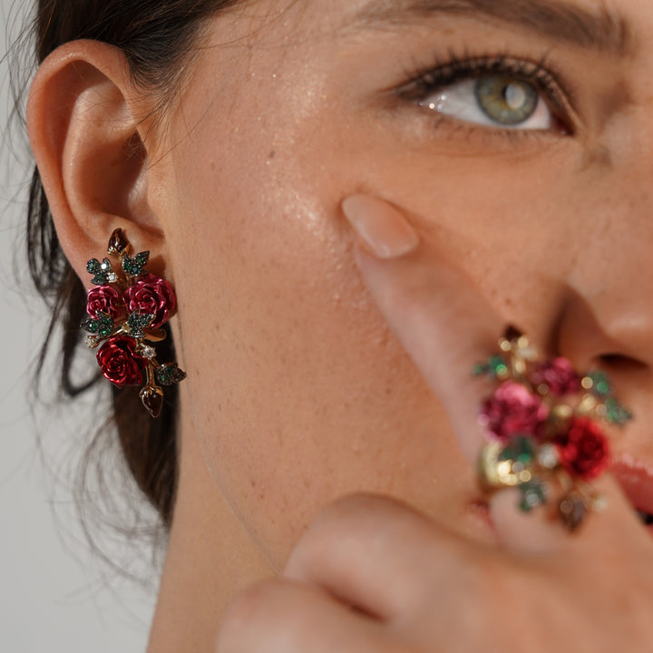 Flower ring with nano-set ruby ​​sital inlay and enamel finish Monarchy 