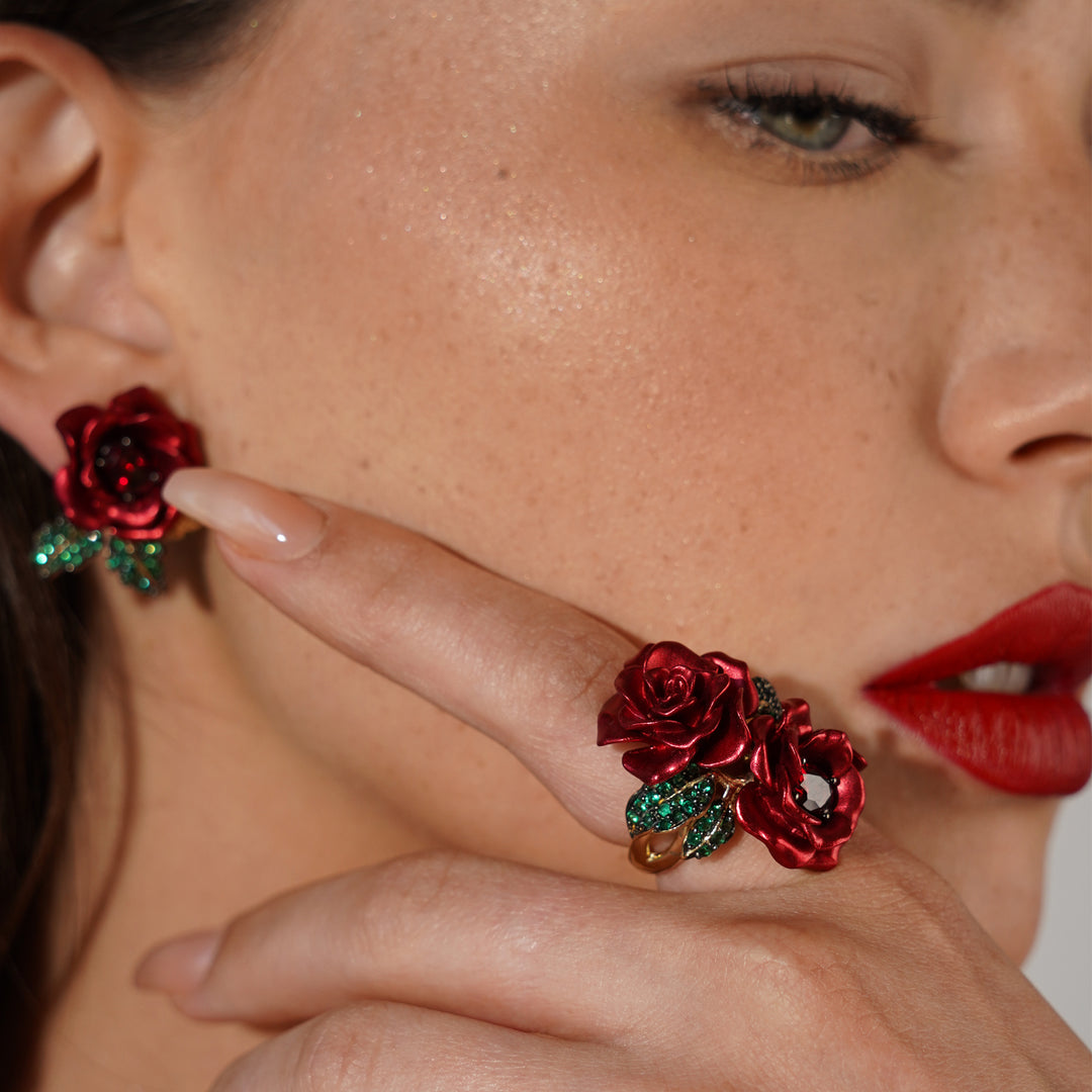 Flower ring with nano-set ruby ​​sital inlay and enamel finish Monarchy 