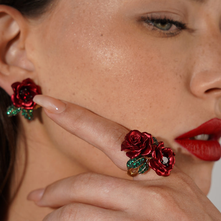 Flower ring with nano-set ruby ​​sital inlay and enamel finish Monarchy 