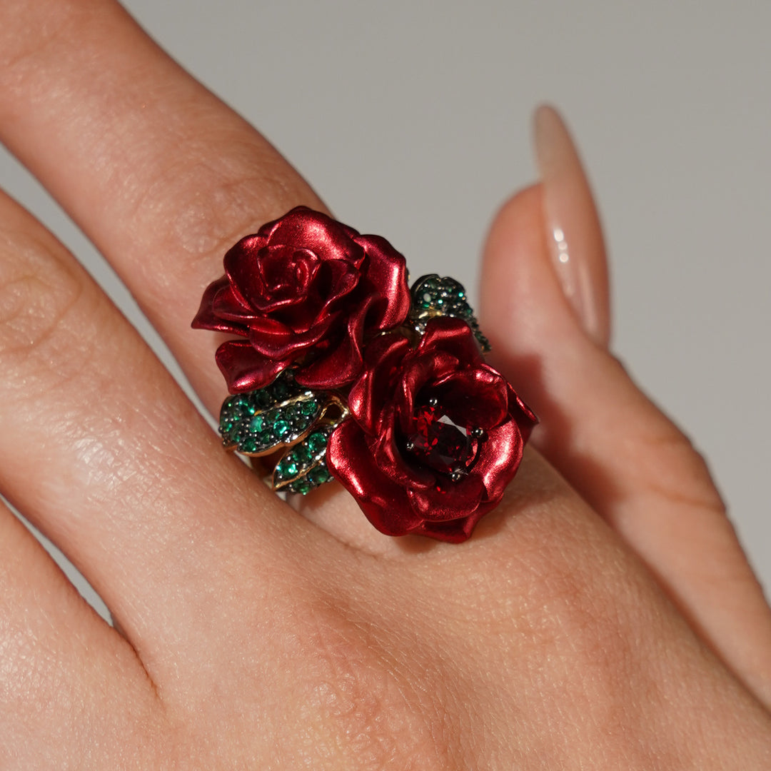 Flower ring with nano-set ruby ​​sital inlay and enamel finish Monarchy 