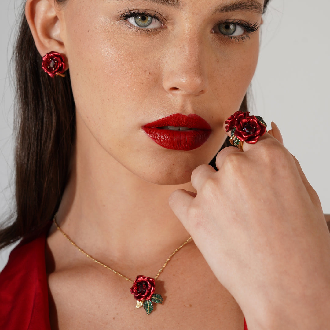 Flower ring with nano-set ruby ​​sital inlay and enamel finish Monarchy 