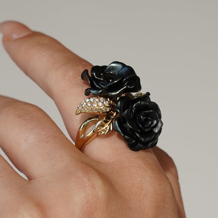 Flower ring with nano-set ruby ​​sital inlay and enamel finish Monarchy 