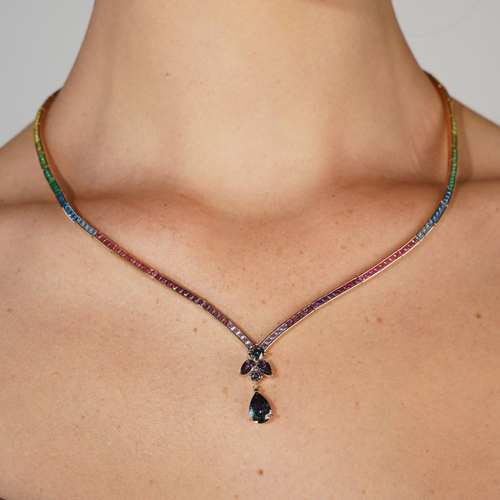 18K Gold Plated Tennis Necklace with Multicolor Zirconia - Treasure - 3