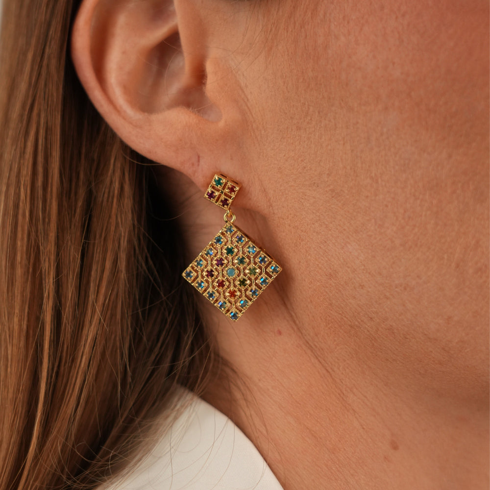 18K Vintage Gold Plated Earrings with Multicolor Zirconia - Volver - 2