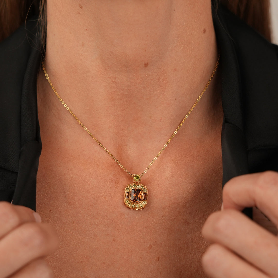 18K Gold Plated Necklace with Rectangle Pendant &amp; Zirconia - Volver - 2
