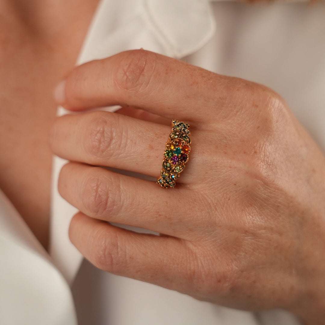 18K Vintage Gold Plated Ring with Flowers &amp; Zirconia - Volver - 2