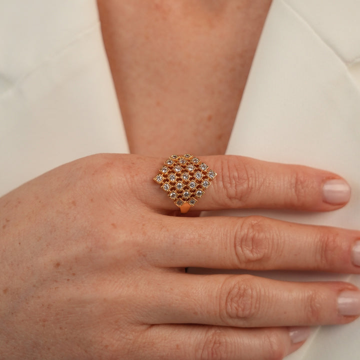 18K Gold Plated Ring with Small Diamond-Shape &amp; Zirconia - Volver - 3