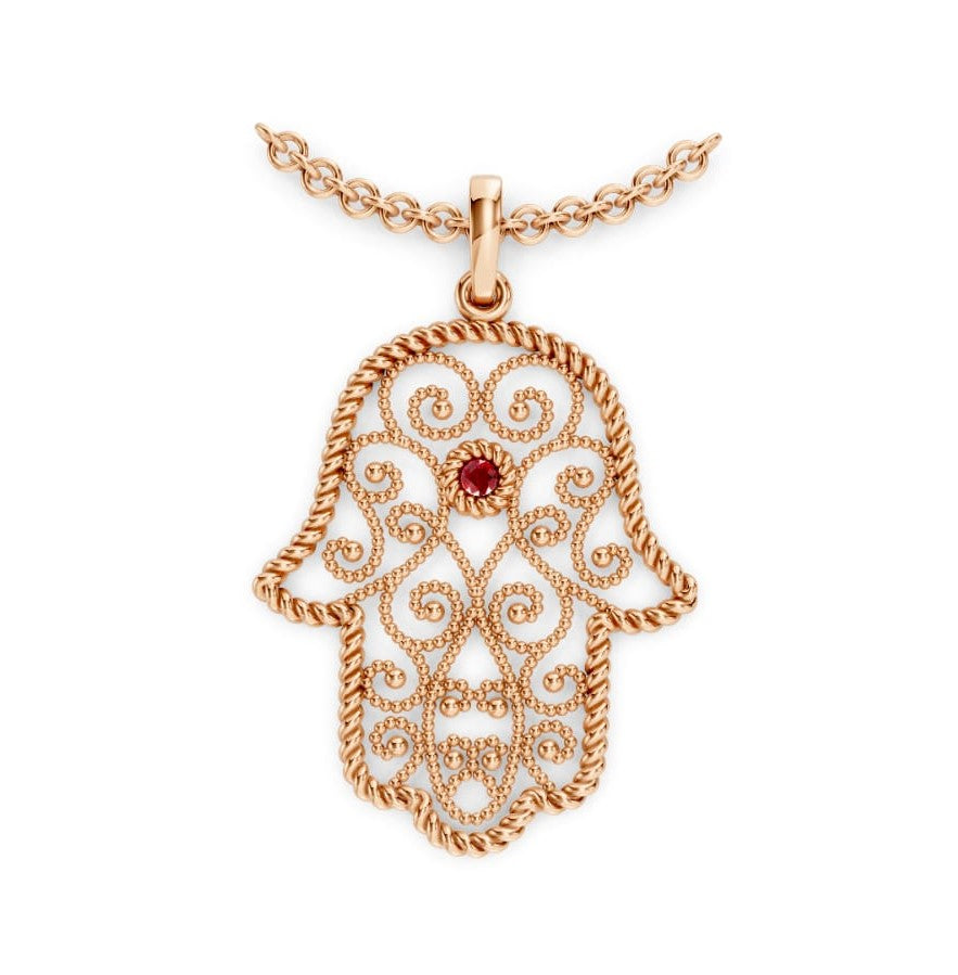 Hamsa ruby gold necklace