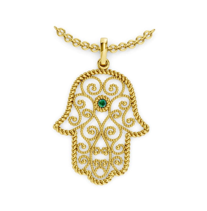 Hamsa emerald gold necklace