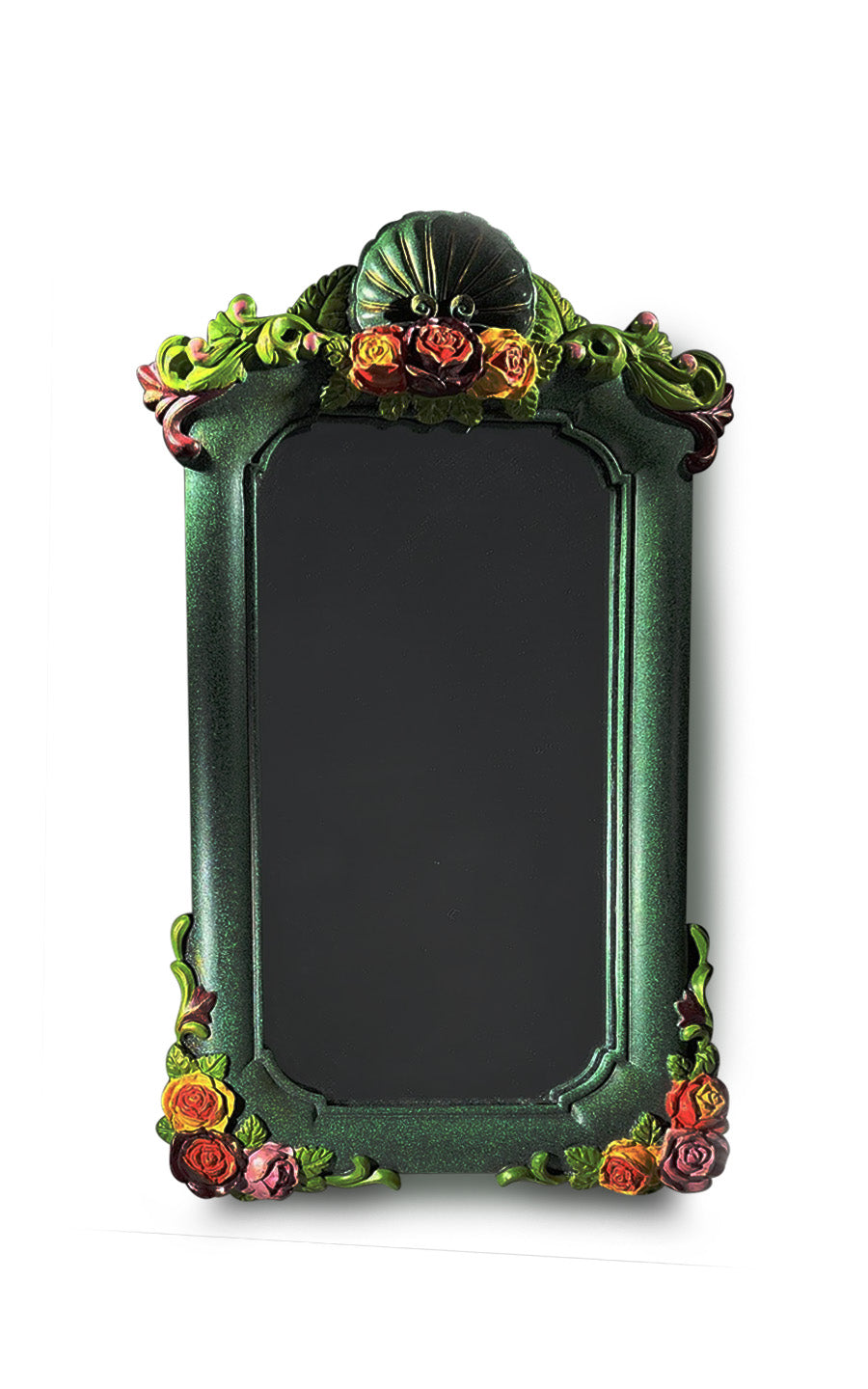 A mirror with a green frame