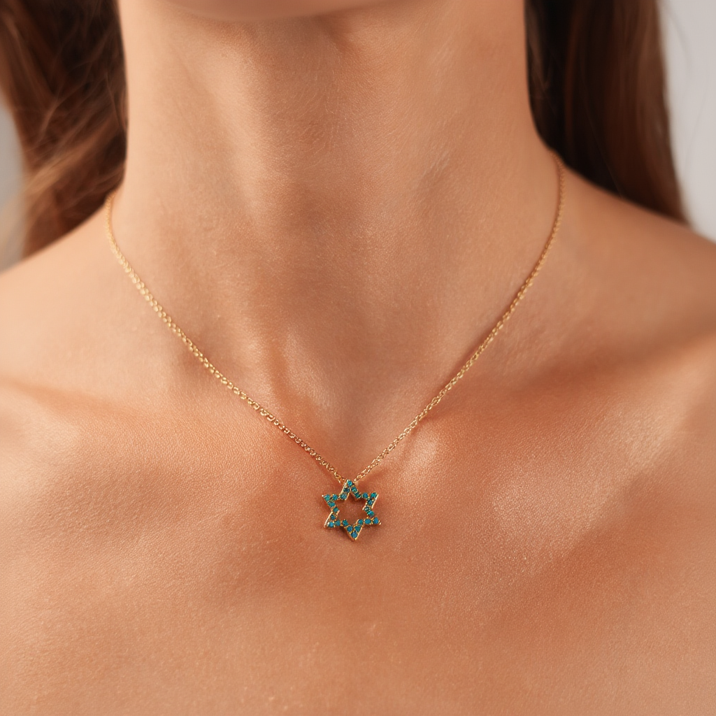 18K Gold Plated Star of David Necklace with Blue Zirconia Stones - 2