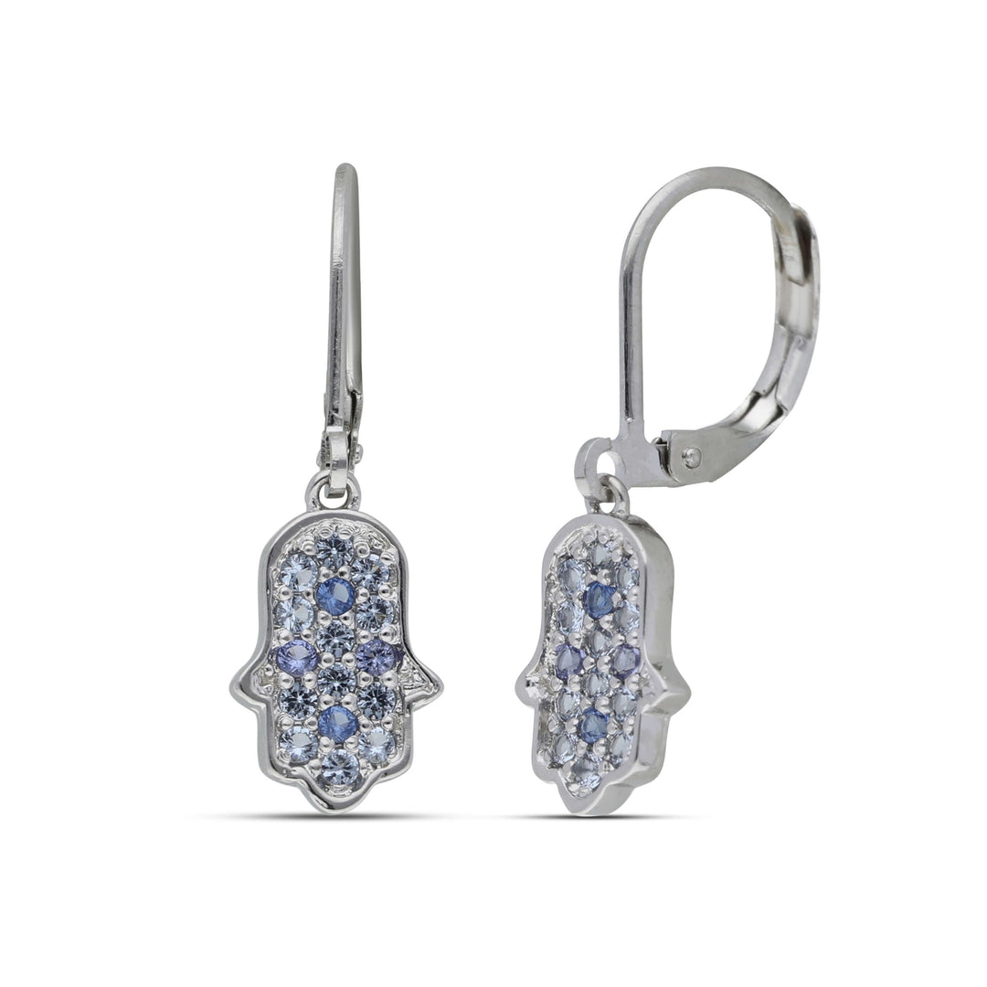 Hamsa dangling earrings studded with blue crystal stones