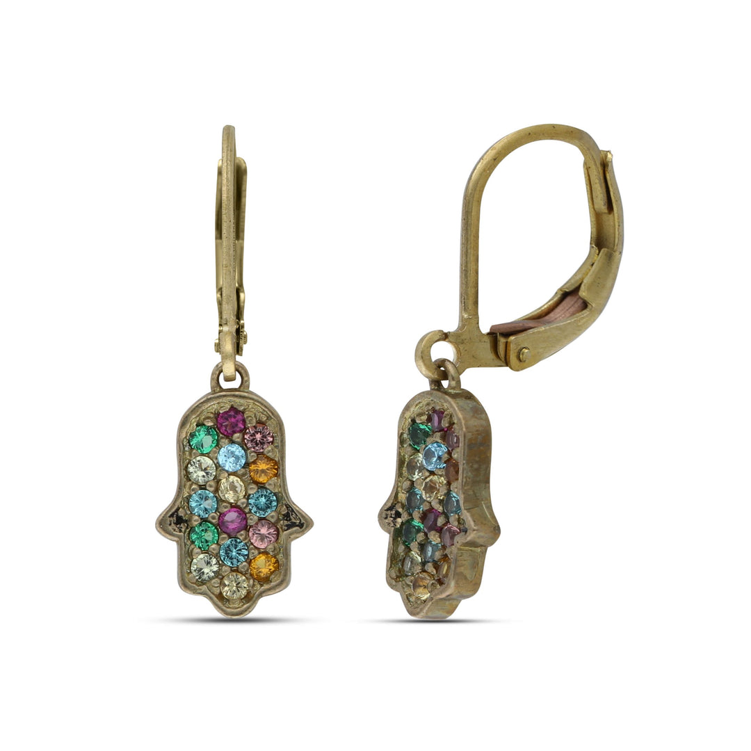 Hamsa dangling earrings studded with colored crystal stones