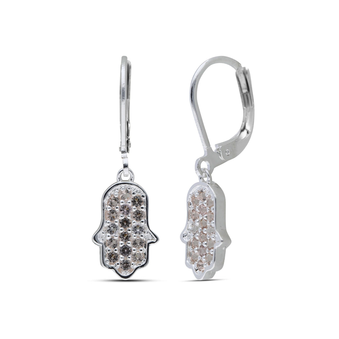 Hamsa dangling earrings studded with champagne colored crystal stones