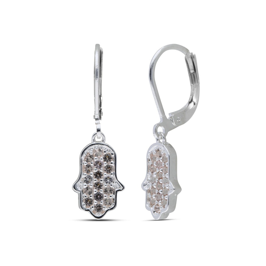 Hamsa dangling earrings studded with champagne colored crystal stones