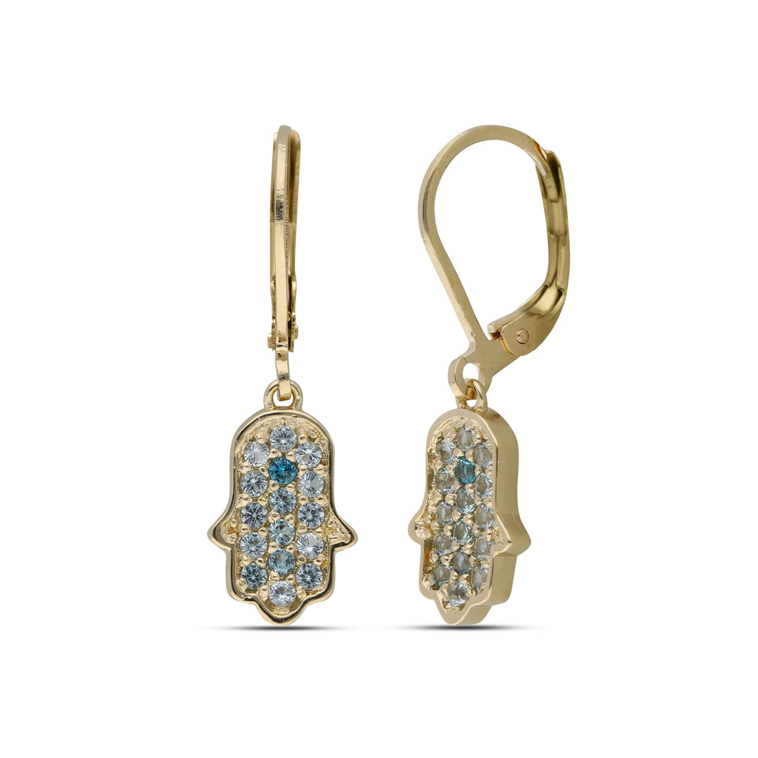 Hamsa dangling earrings studded with turquoise crystal stones