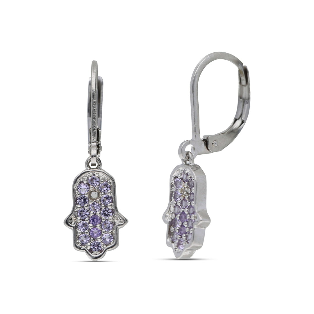 Hamsa hanging earrings studded with purple crystal stones