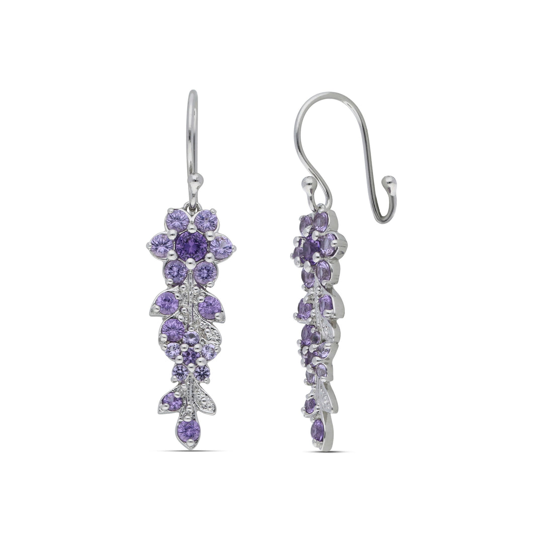 Long blooming branch hanging earrings studded with purple crystal stones