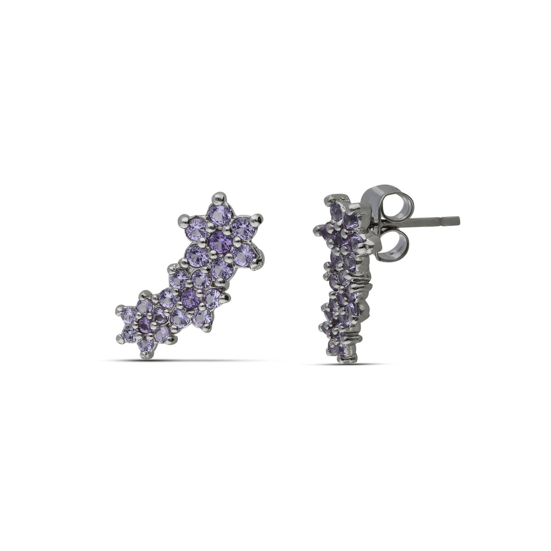 The three flower earrings are set with purple crystal stones