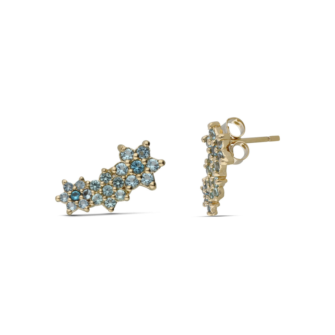 The three flower earrings are studded with turquoise crystal stones