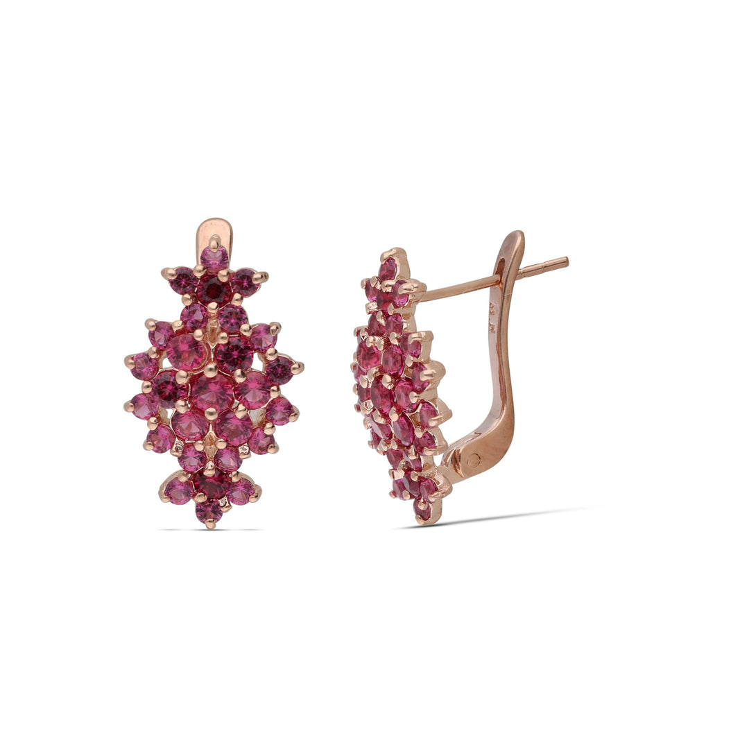 Floral rhombus hanging earrings studded with ruby ​​colored crystal stones