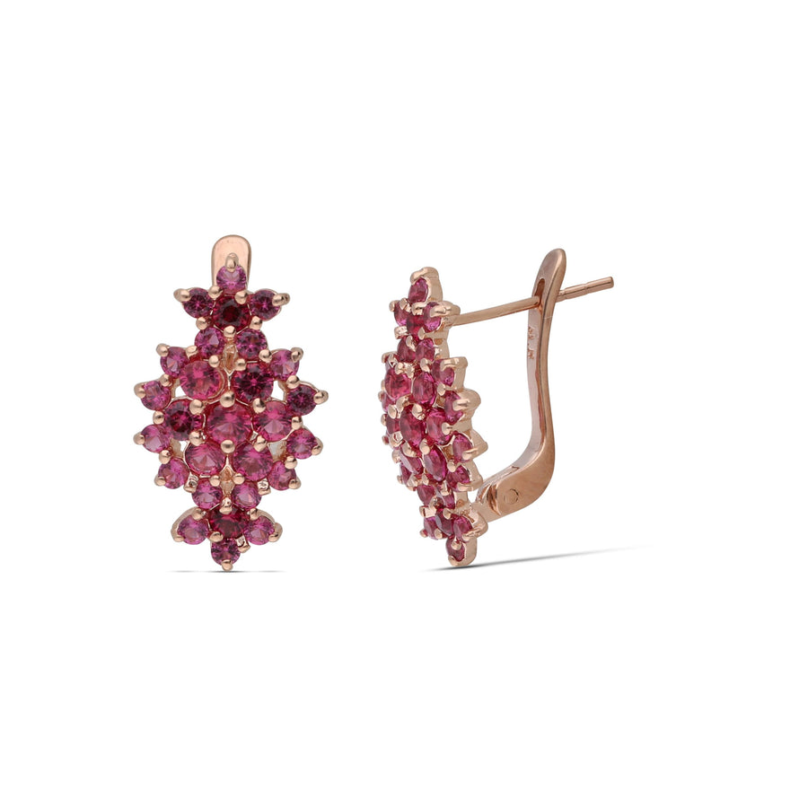 Floral rhombus hanging earrings studded with ruby colored crystal stones