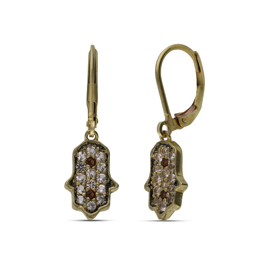Hamsa dangling earrings studded with crimson garnet crystal stones