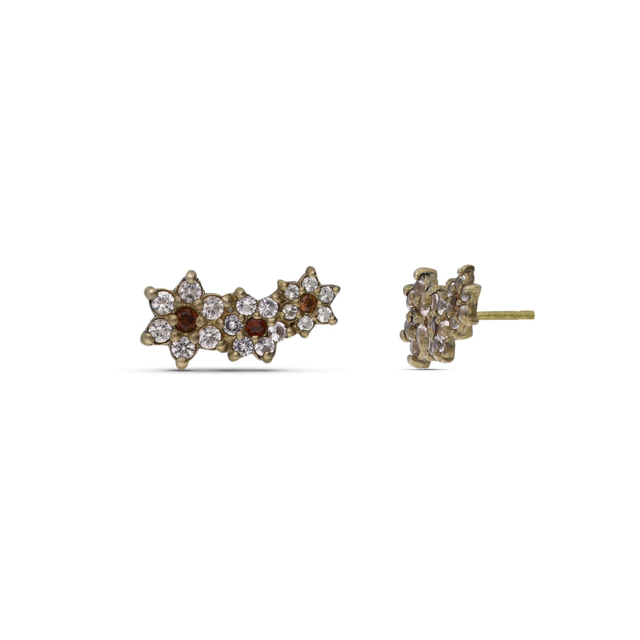 The three flower earrings are studded with cream garnet colored crystals