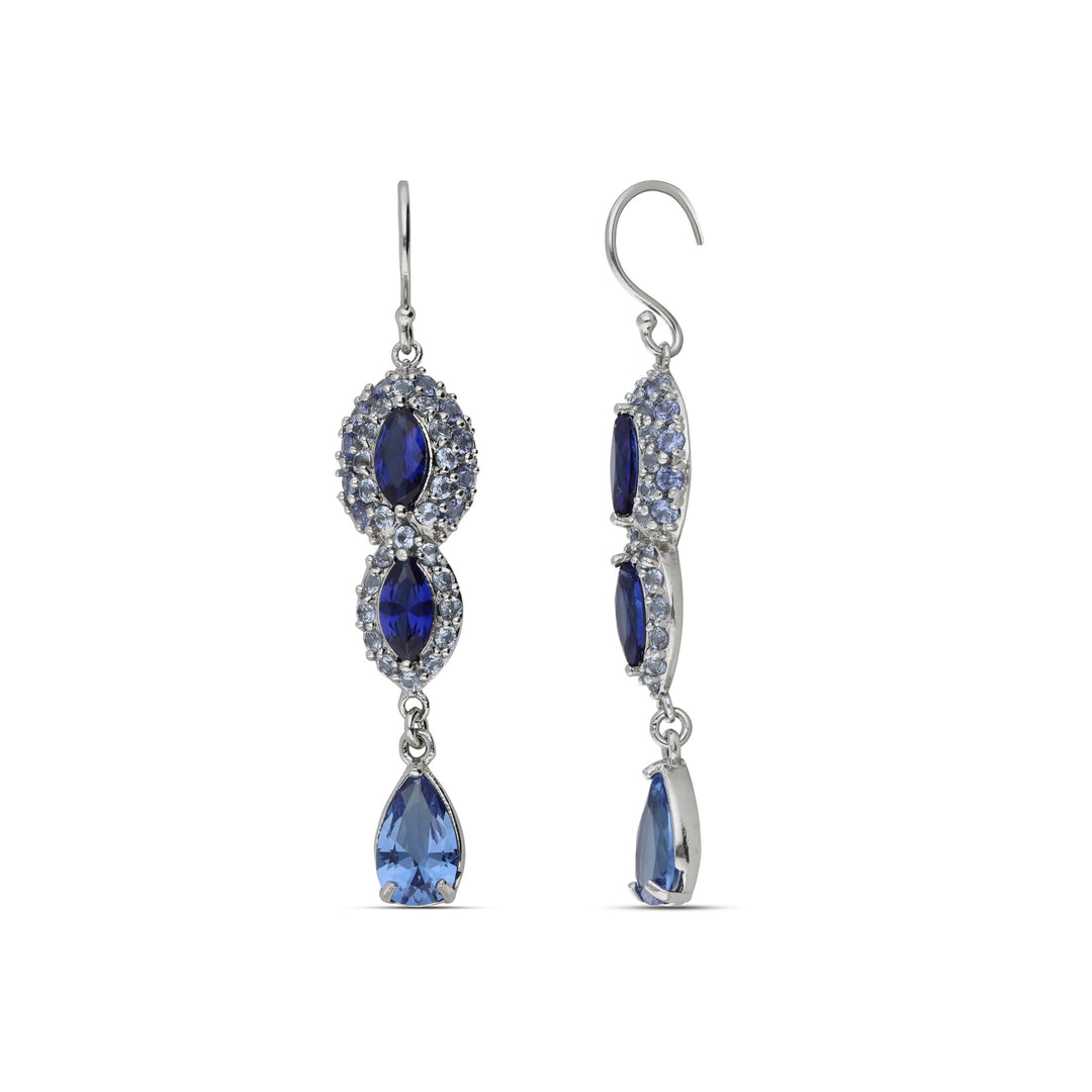 Marquise-shaped eye dangling earrings studded with blue crystal stones