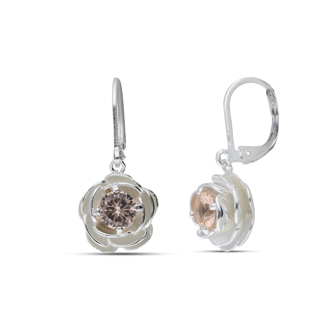 Dangling rose earrings studded with champagne colored crystal stones
