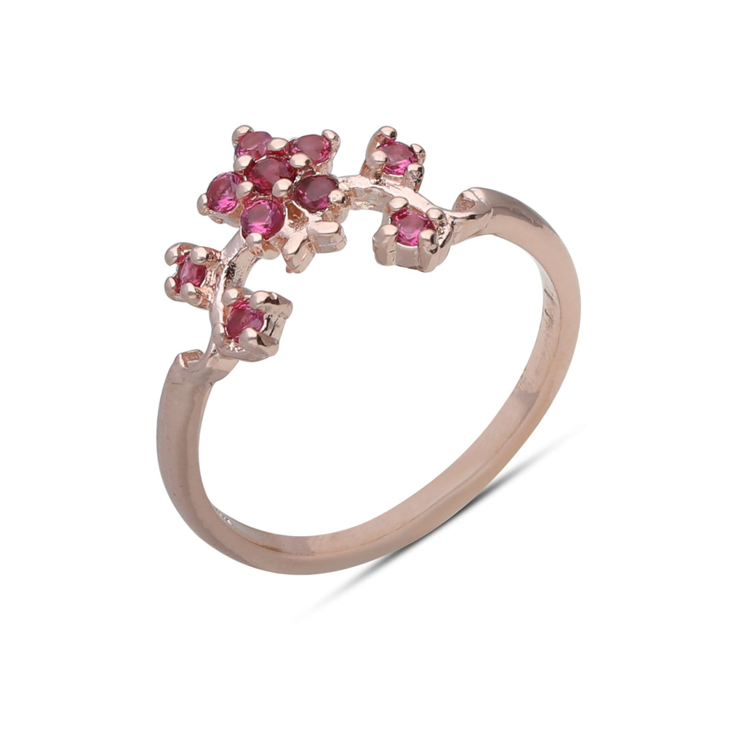 Flower series ring studded with ruby colored crystal stones